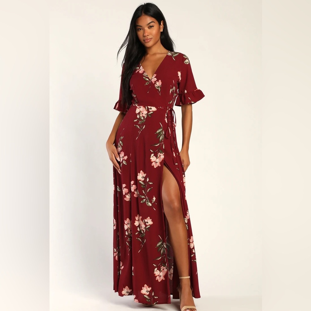 Lulus September Sunsets Burgundy Floral Maxi Wrap Dress